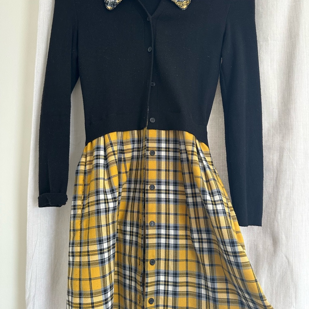 Maje Blue and Yellow Pleated A-Line Dress with Notched Collar